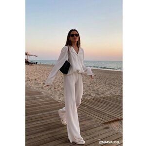 Storets, Maria Oversized Plisse Shirt and Maria Flared Leg Pants, S/M Ivory